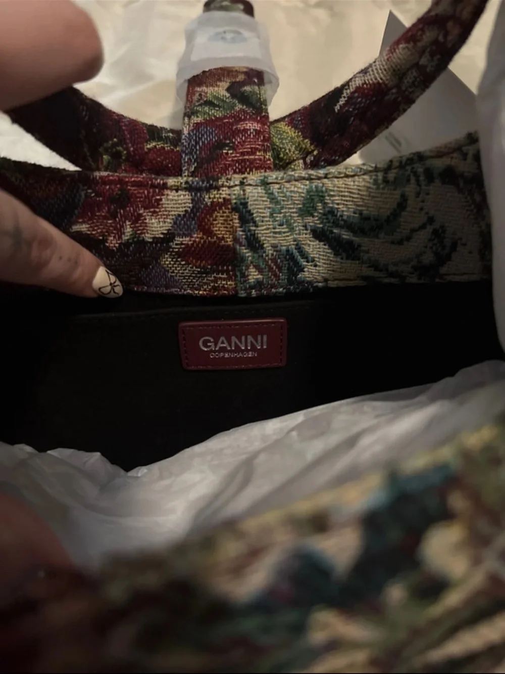 Ganni Multicolor Floral Tapestry Shoulder Bag in Burgundy, Green and Blue